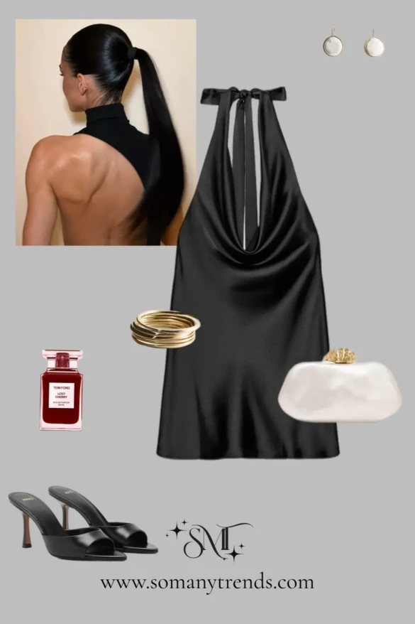 Black halter mini dress open back gold clutch black heels dramatic backless party dress 15