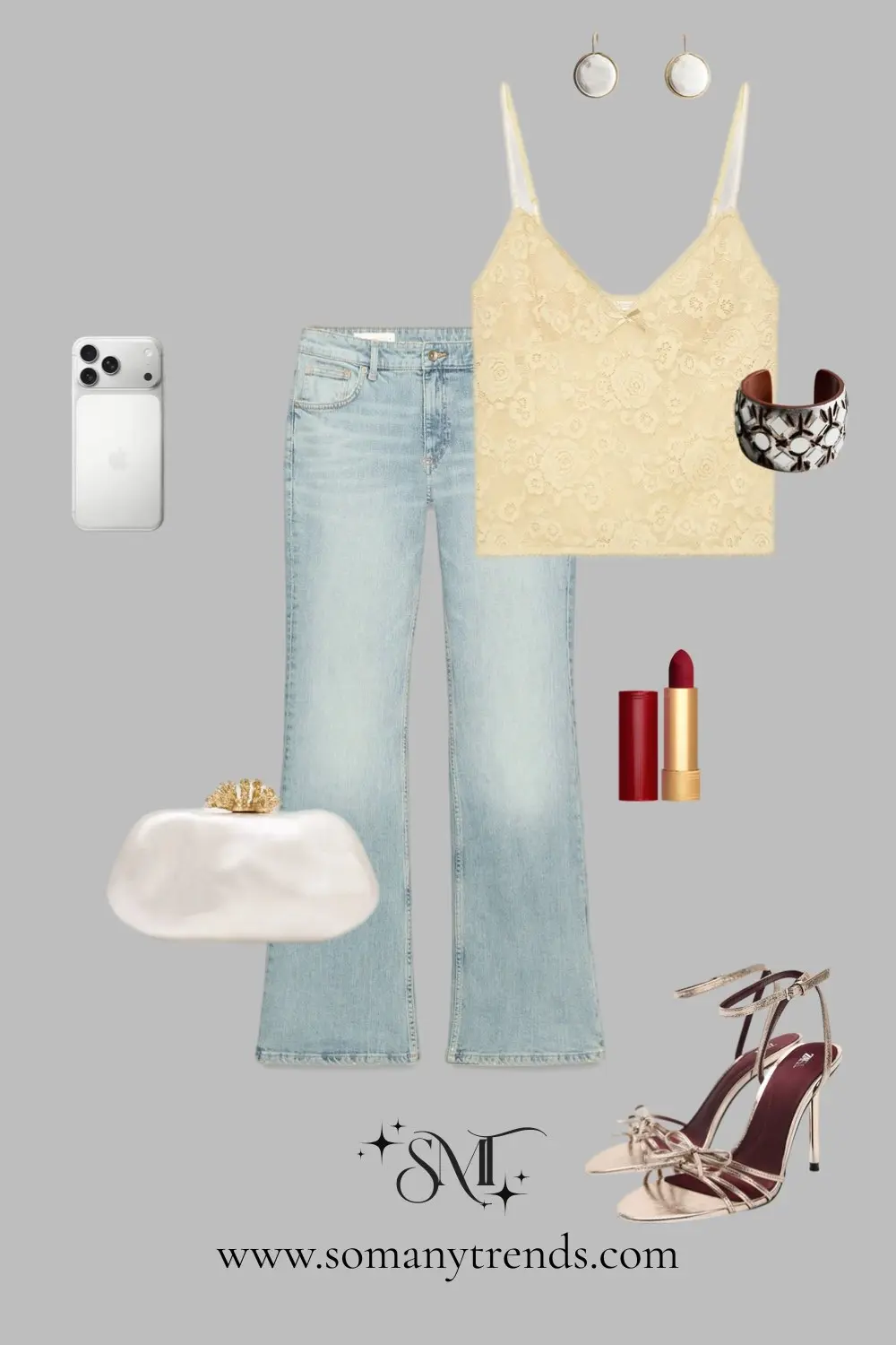 Yellow lace camisole light wash jeans white clutch nude strappy heels casual luxe party style 16