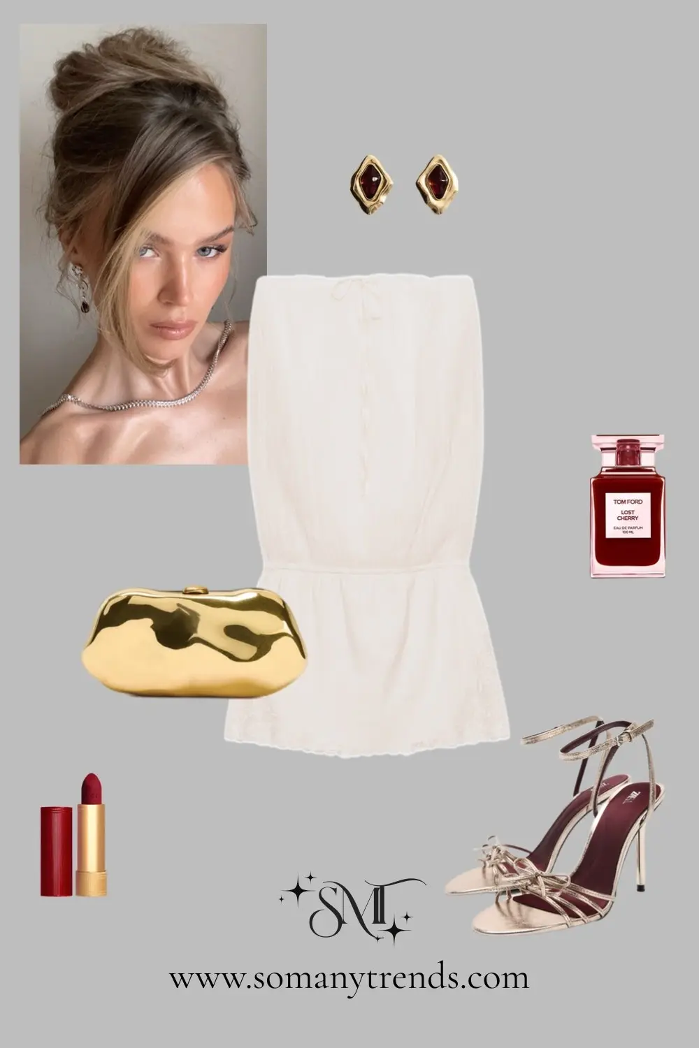 Cream strapless dress gold clutch nude strappy heels romantic minimalist party ensemble 17
