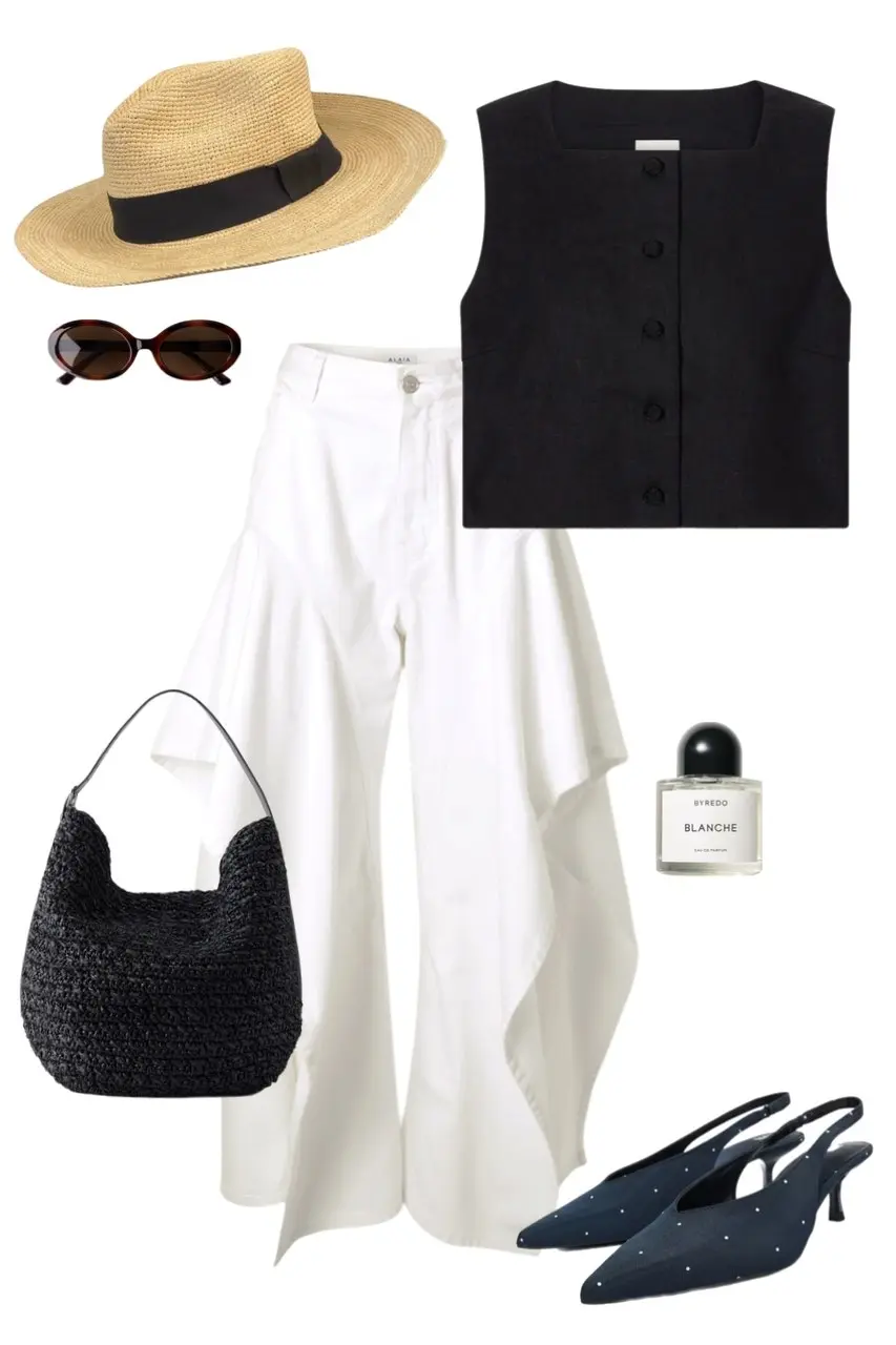 Black buttoned vest white wide leg trousers panama hat navy studded slingbacks woven bag summer outfit 1