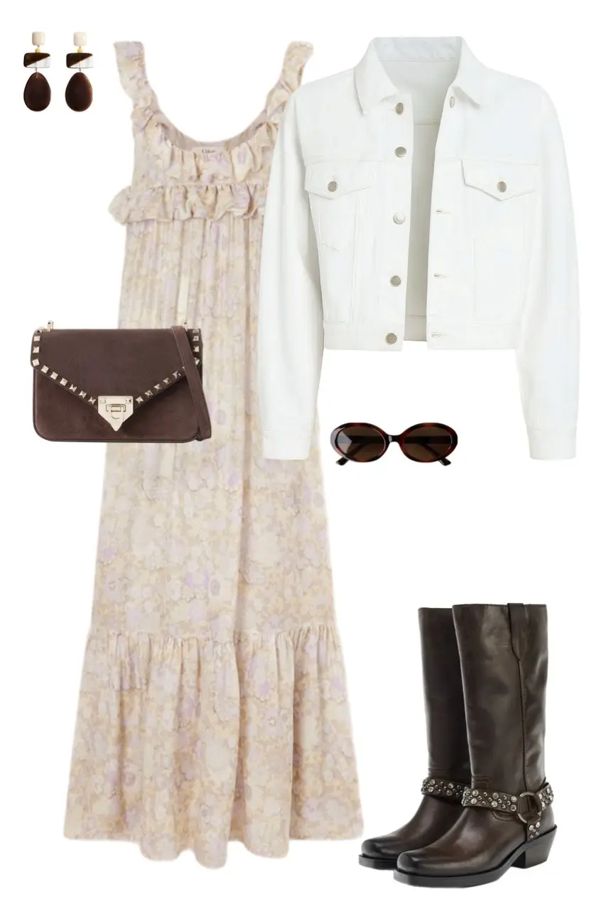 Floral tiered midi dress white denim jacket brown western boots brown studded bag summer outfit 2