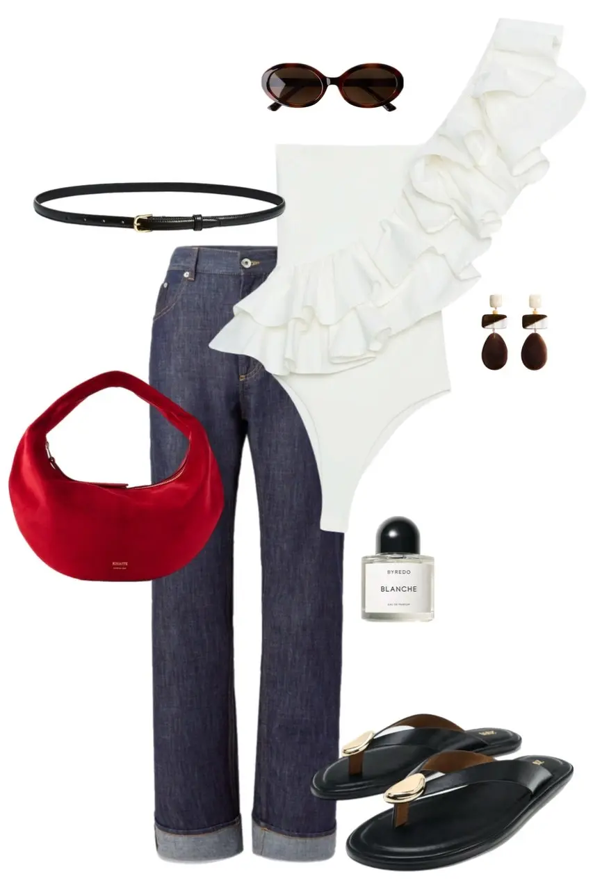 White ruffled shirt straight leg jeans red hobo bag black flat sandals summer outfit 3
