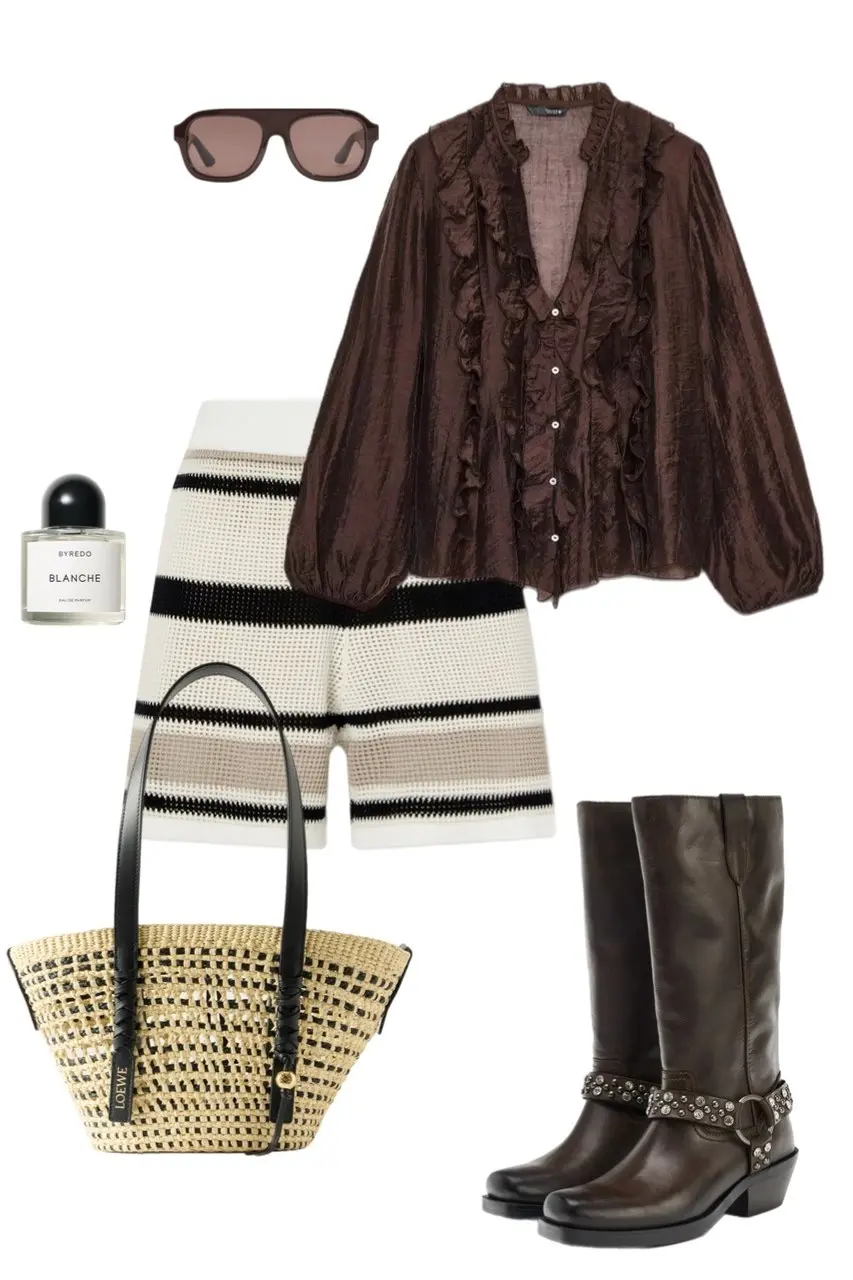 Brown ruffled blouse striped shorts woven tote western boots summer outfit 4