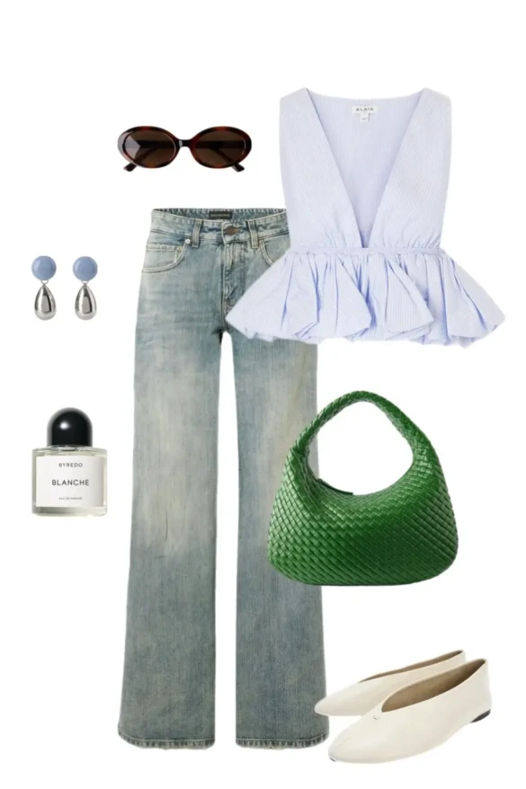 Periwinkle blue peplum vest vintage wash wide leg jeans green woven bag cream flats summer outfit 5