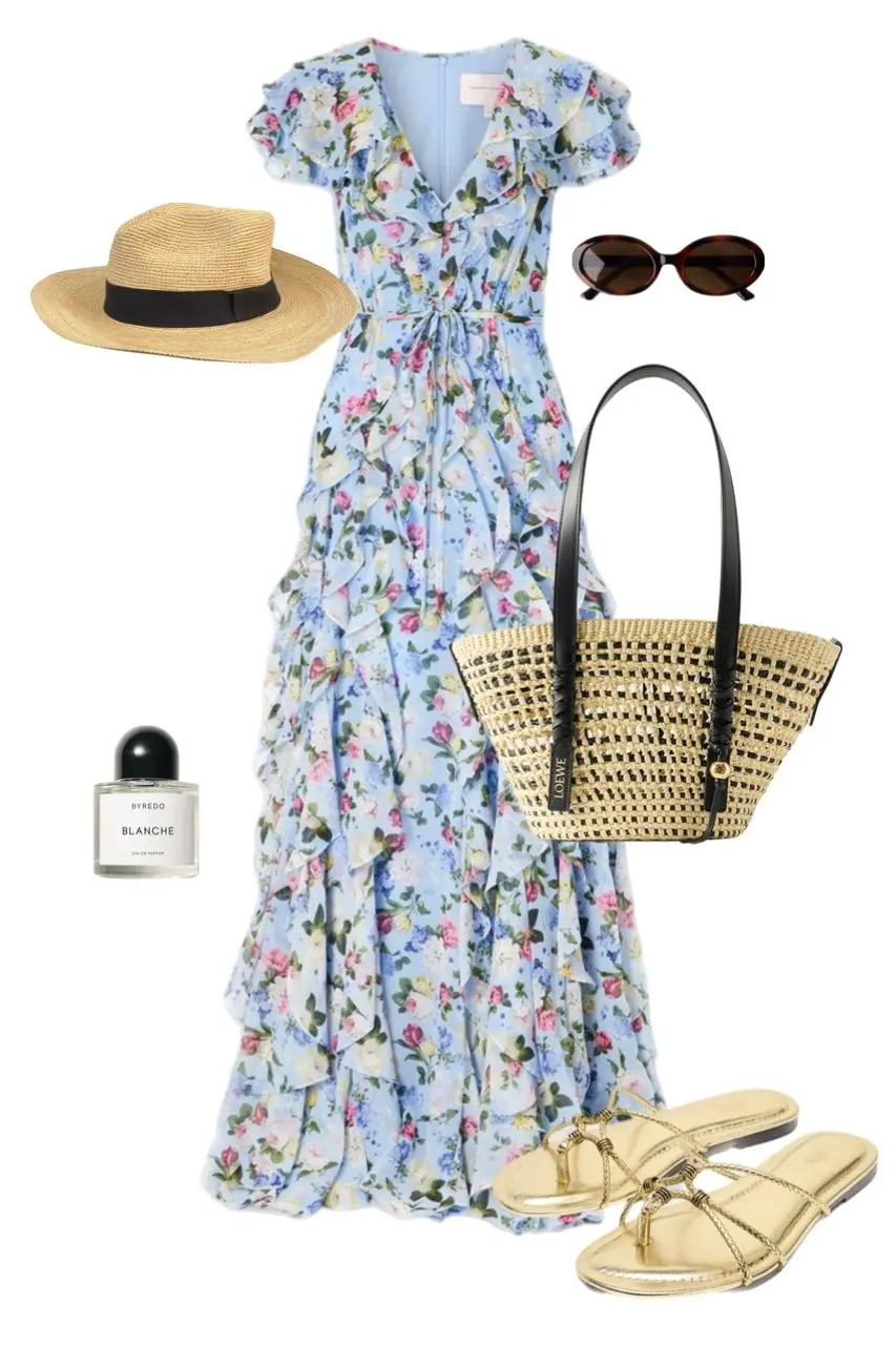 Blue floral ruffle midi dress panama hat woven tote gold strappy sandals summer outfit 6