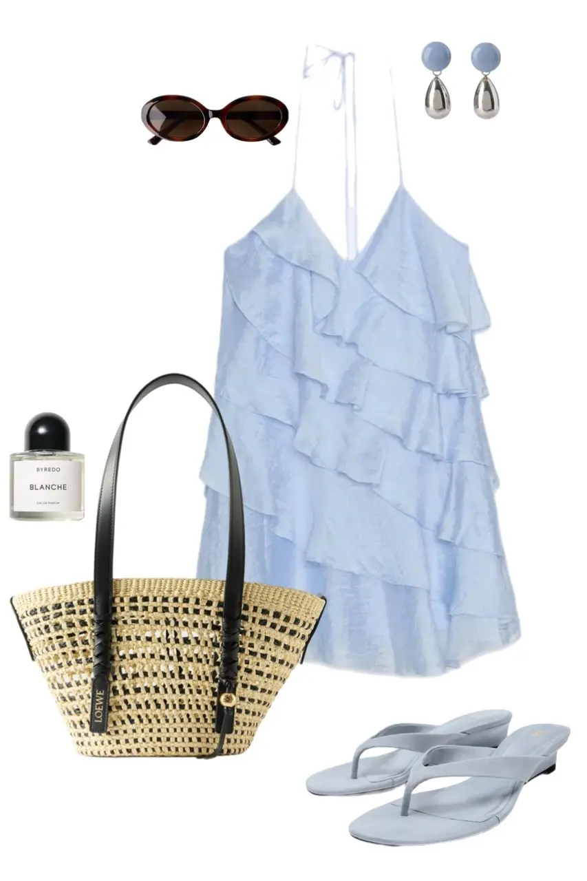 Powder blue asymmetrical ruffle top tailored jeans woven tote teardrop earrings summer outfit 7