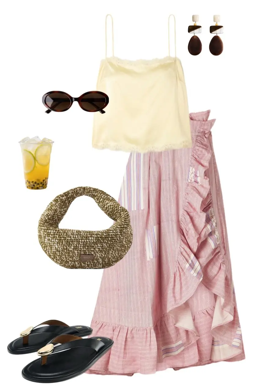 Butter yellow camisole pink striped ruffle skirt woven bag black flip flops summer outfit 8