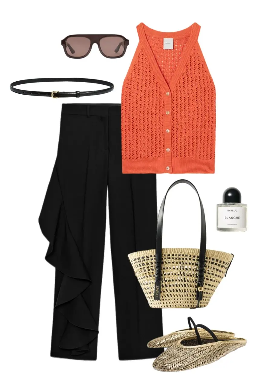 Orange structured cardigan vest black flowing trousers woven tote flat sandals summer outfit 9