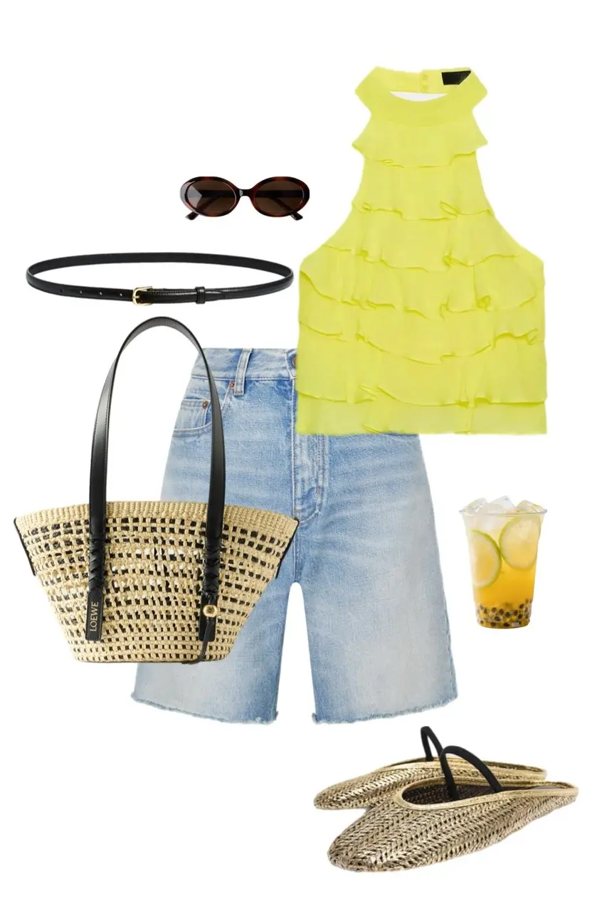 Bright yellow tiered ruffle top denim shorts woven tote flat sandals summer outfit 10