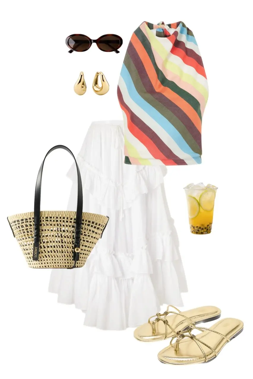 Rainbow stripe halter top white tiered skirt woven tote gold strappy sandals summer outfit 11