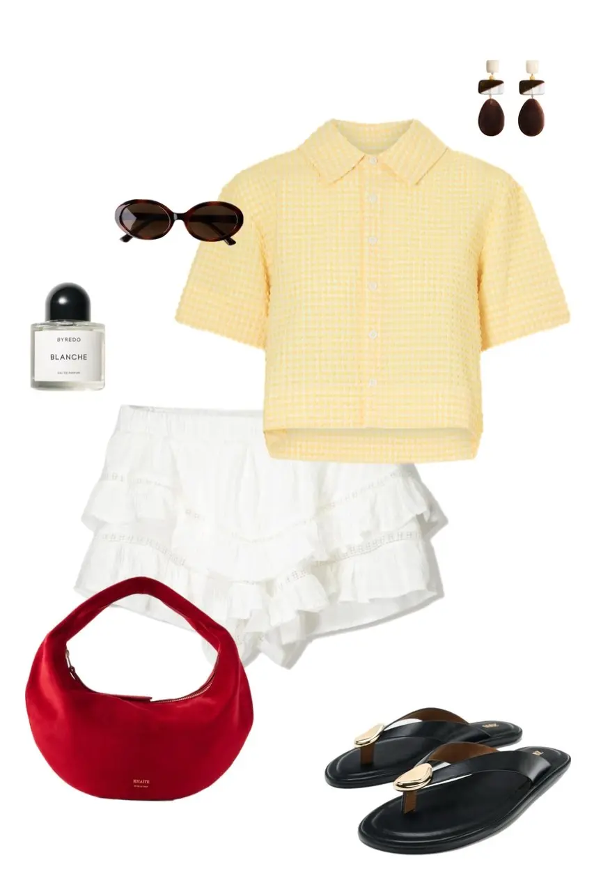 Yellow gingham ruffle shirt white tiered shorts red hobo bag black flip flops summer outfit 12