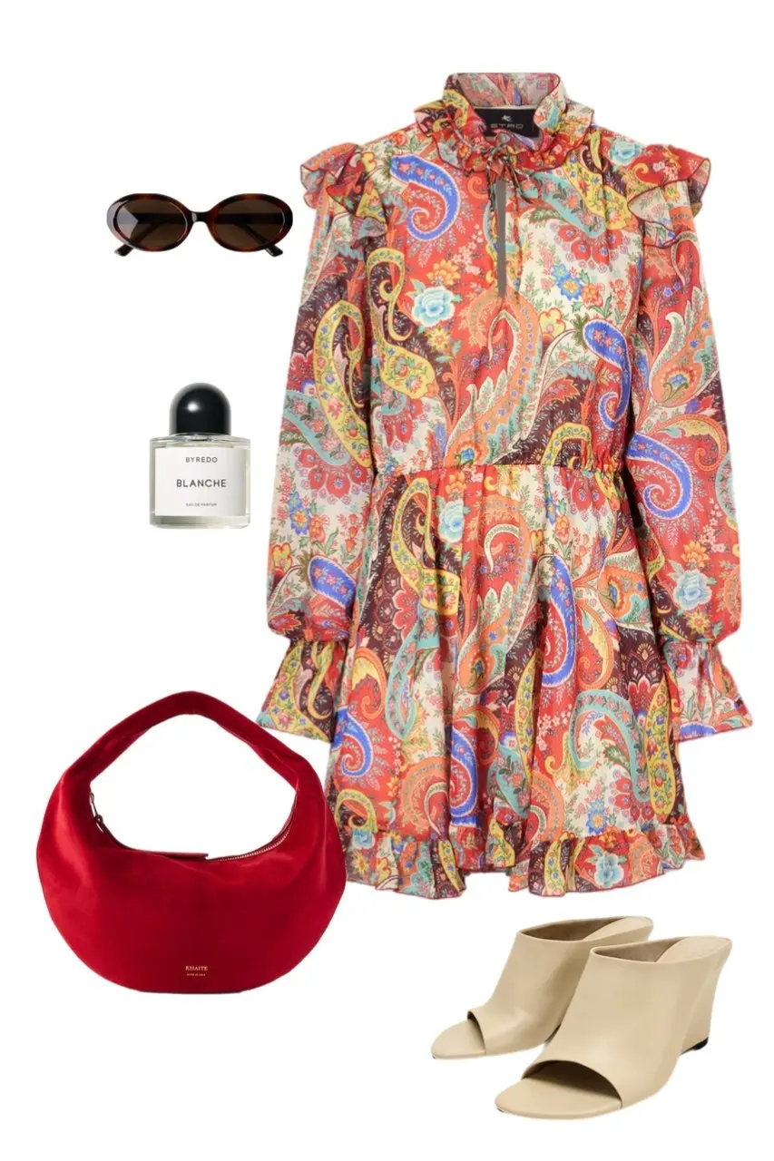 Paisley high neck balloon sleeve dress red bag cream mule sandals summer outfit 13