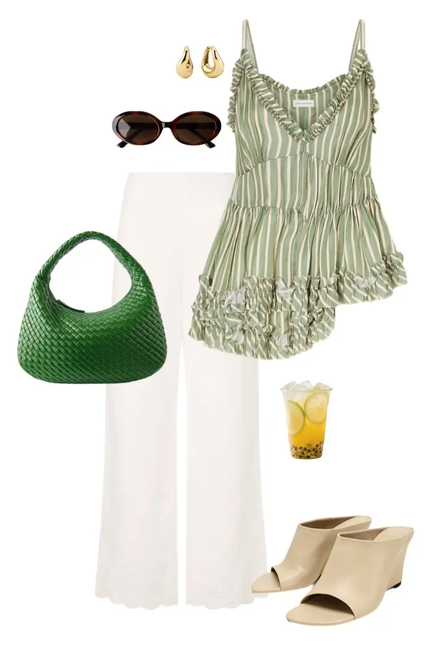 Sage green striped ruffle camisole white wide leg trousers green woven bag cream mules summer outfit 14