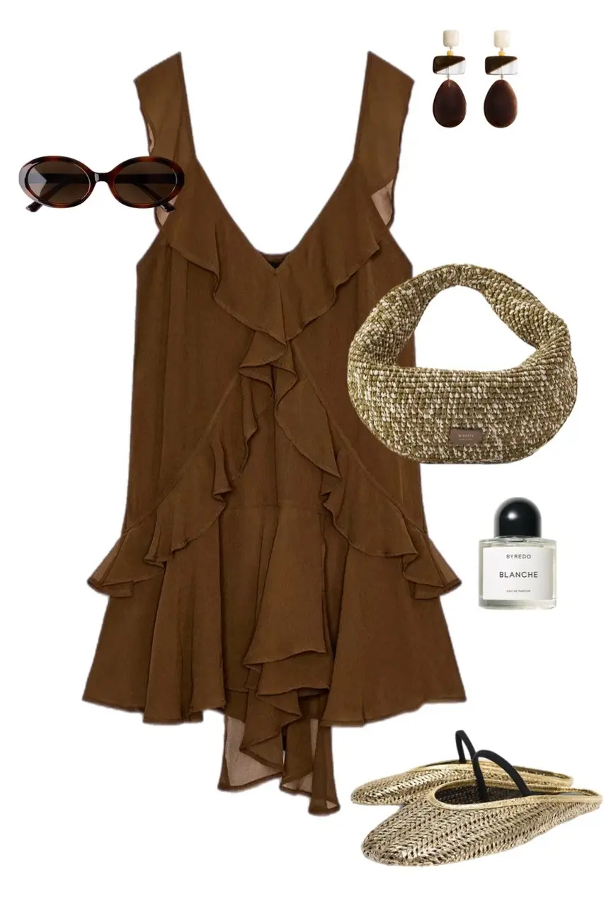 Chocolate brown ruffle dress woven bag flat sandals summer outfit 15