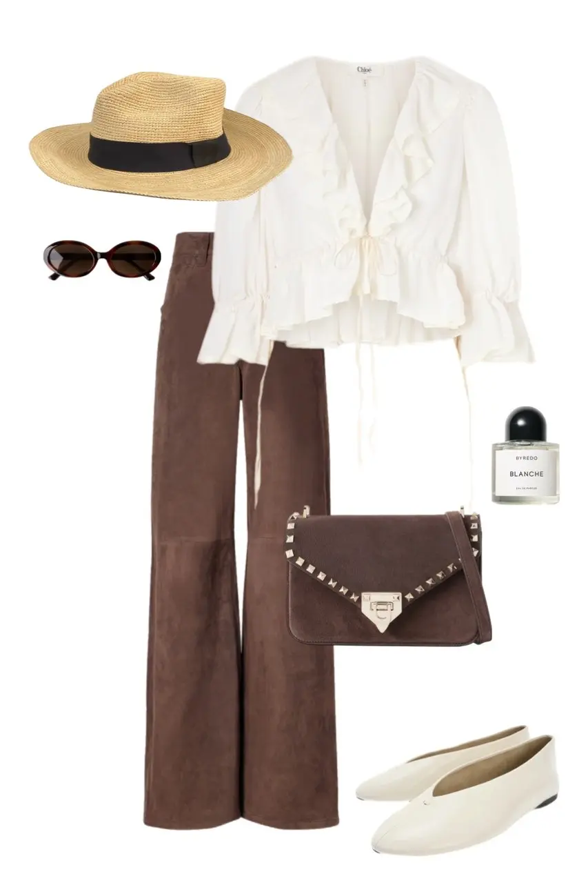 Cream ruffled blouse brown wide leg trousers panama hat studded bag cream flats summer outfit 16
