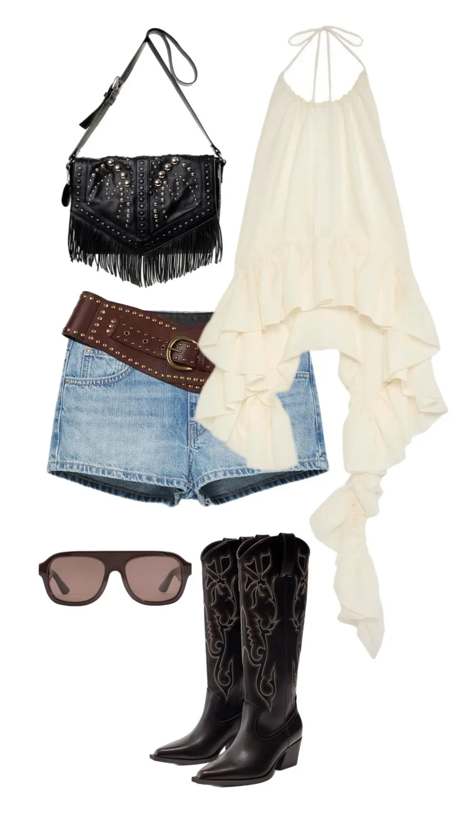 Cream halter top with denim shorts cowboy boots fringe bag western accessories 1