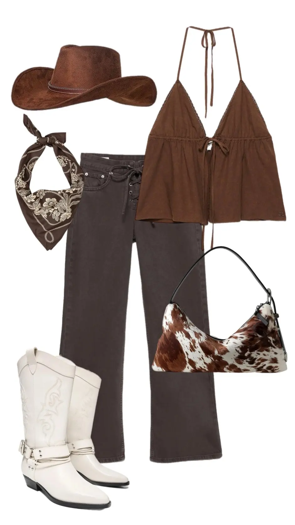Brown halter top with wide leg pants white boots cowhide bag bandana western style 2