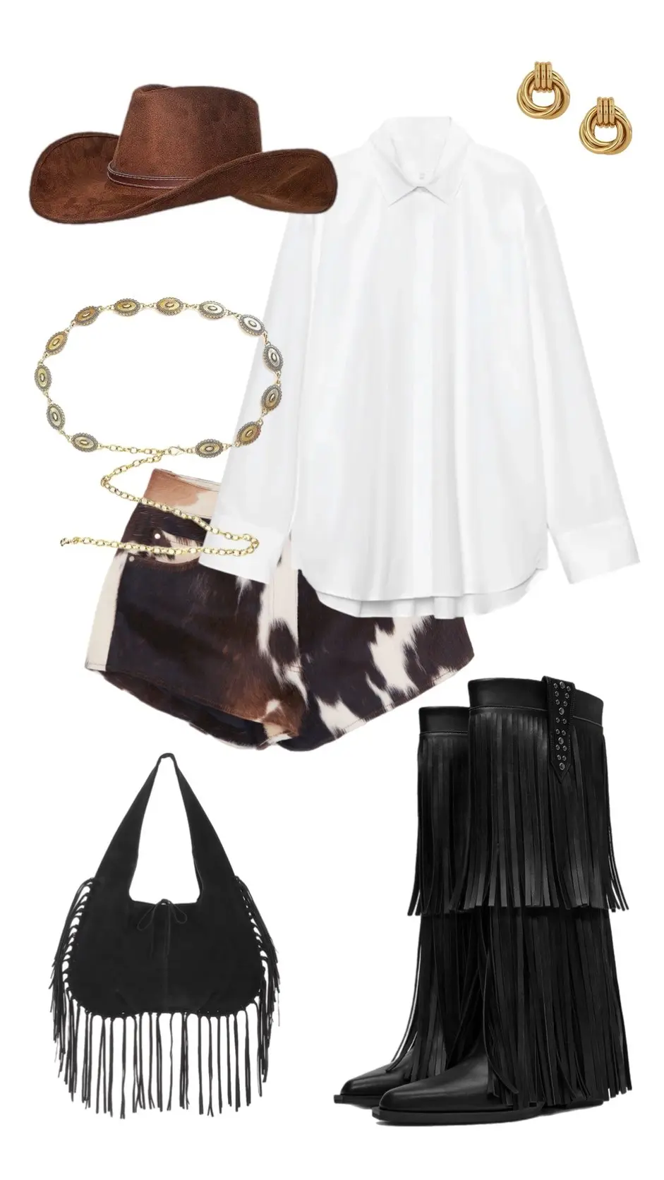 White button shirt with cowhide shorts fringe boots layered jewelry cowboy hat western outfit 3