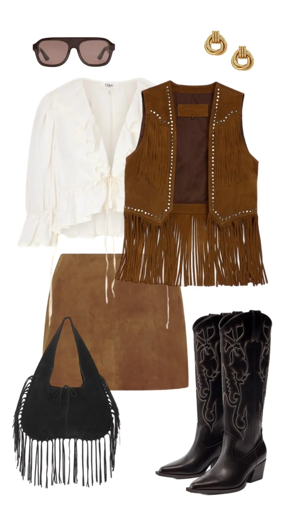 White wrap top with brown suede skirt fringe vest cowboy boots western romantic style 4