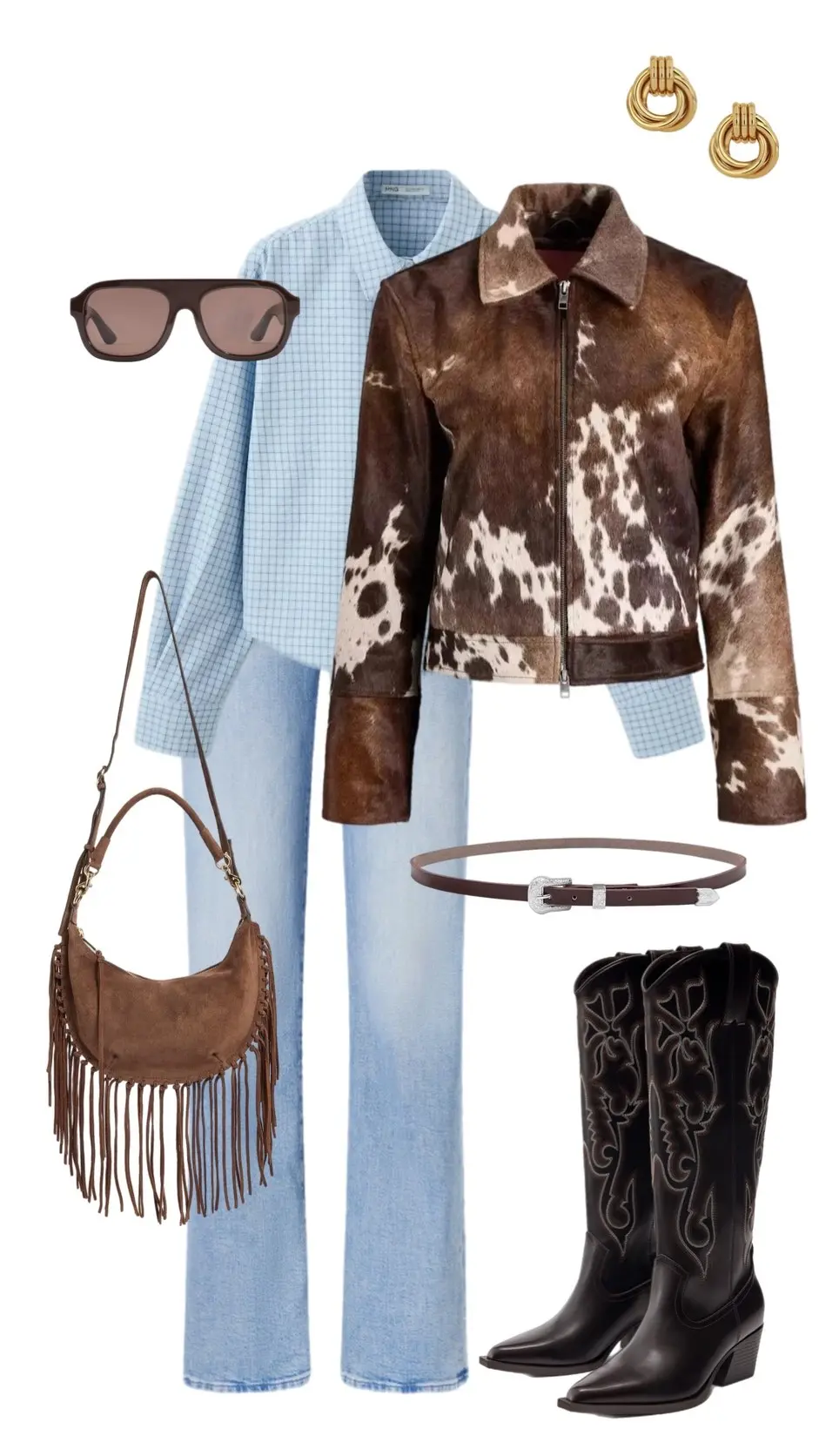 Light blue flare jeans with cowhide jacket brown fringe bag belt western modern style 5