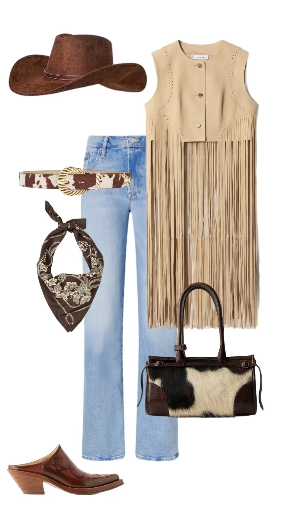 Beige fringe vest with jeans cowhide bag cowboy hat bandana western frontier style 6