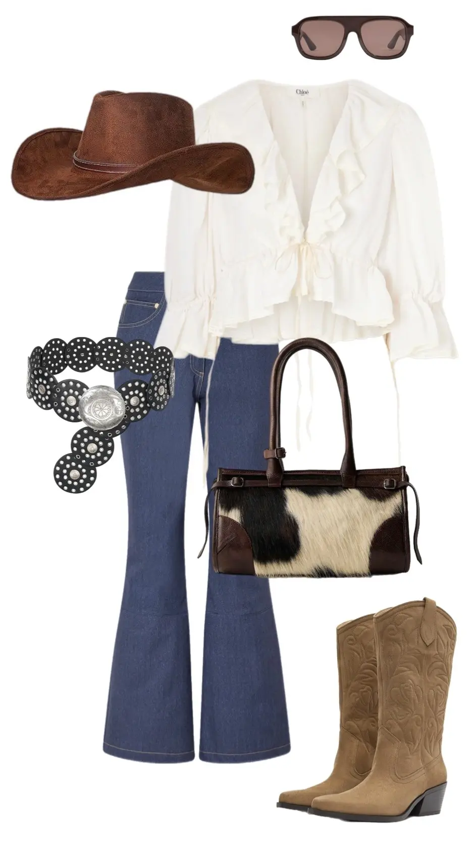 Olive cami top with denim skirt fringe bag cowboy boots western casual style 7