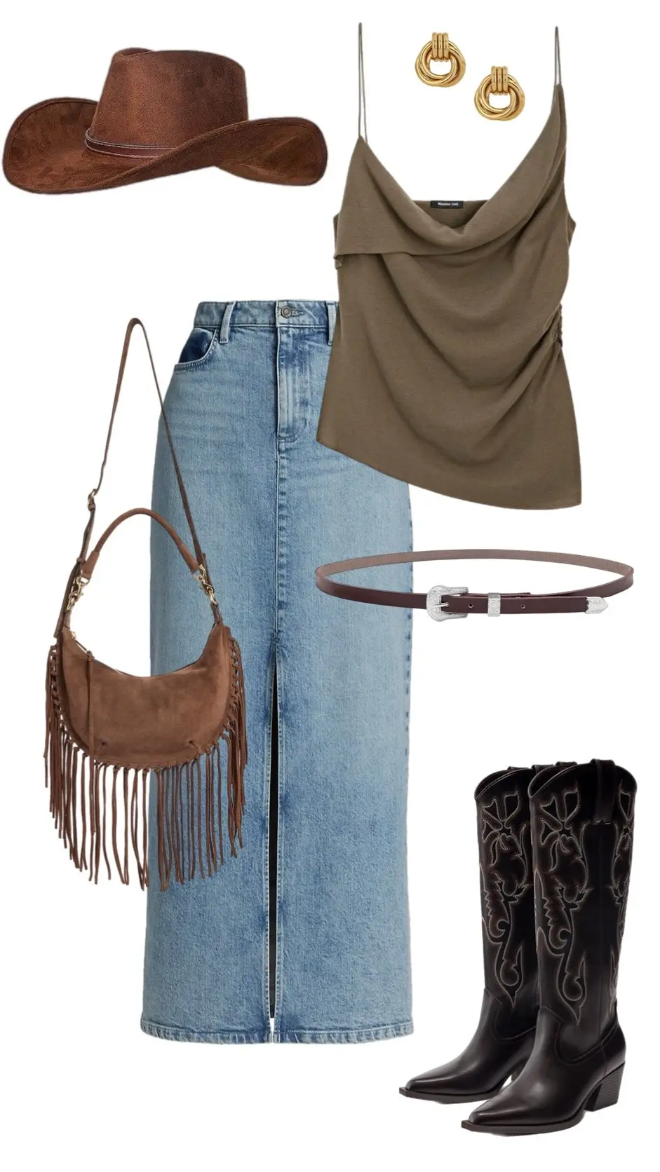 White peasant top with wide leg jeans studded belt cowhide bag cowboy boots western style 8