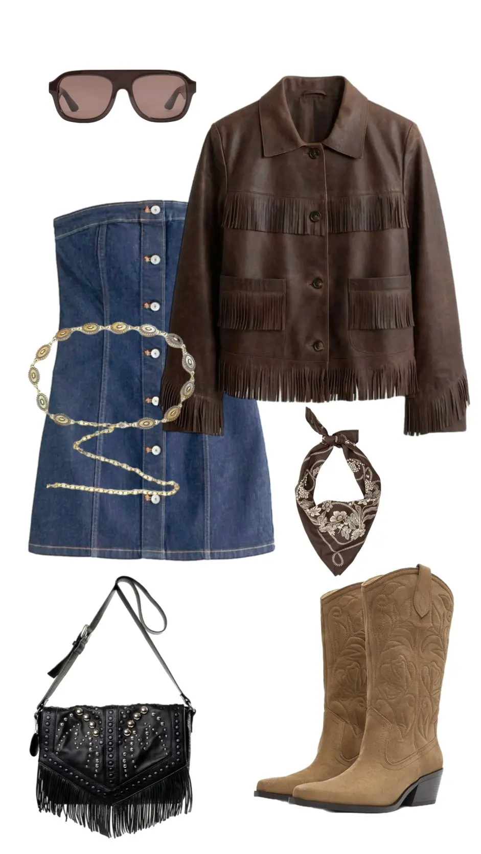 Chambray romper with studded belt paisley bandana cowhide bag cowboy boots western style 9