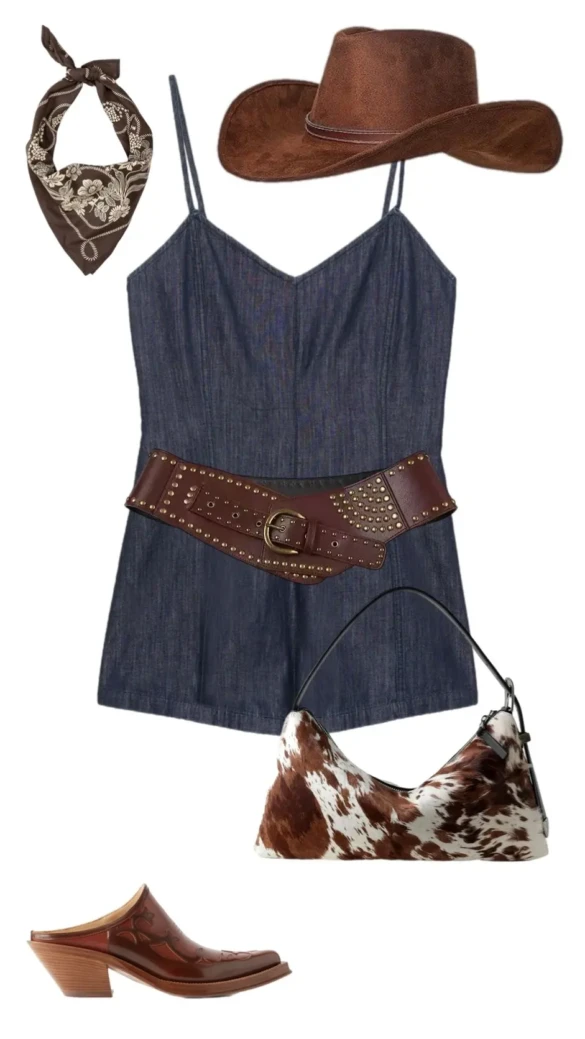 Brown fringe jacket with denim shorts studded bag cowboy boots western rodeo style 10