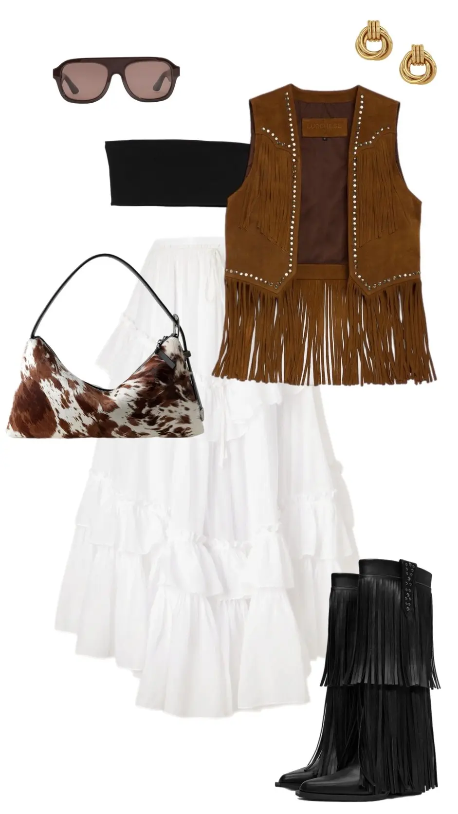 Brown studded ruffle mini dress with cowhide bag leather sandals cowboy hat western style 13