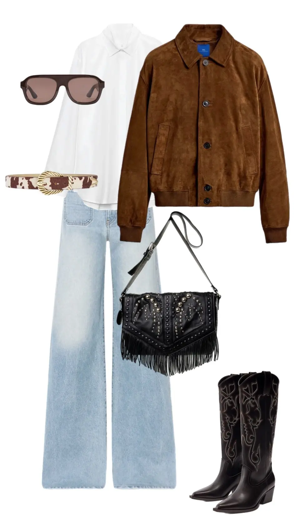 Brown fringe jacket with light jeans cowhide belt studded bag cowboy boots western bohemian style 15
