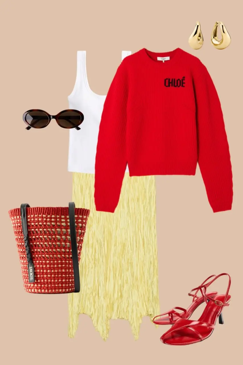 Red Chloé sweater white tank top yellow fringe skirt red sandals woven basket bag gold hoop earrings dopamine outfit 1