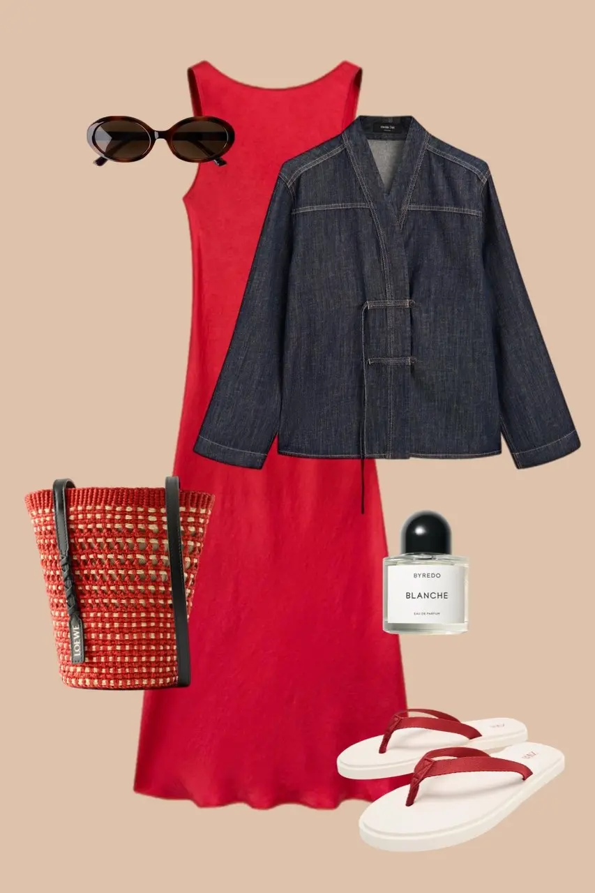 Red sleeveless dress denim blazer jacket red woven bag flip flops oval sunglasses casual dopamine outfit 2