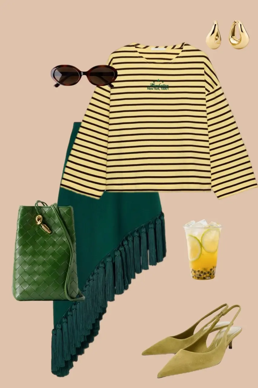 Navy white striped long sleeve top green fringe asymmetrical skirt green quilted bag lime green slingback heels dopamine outfit 3