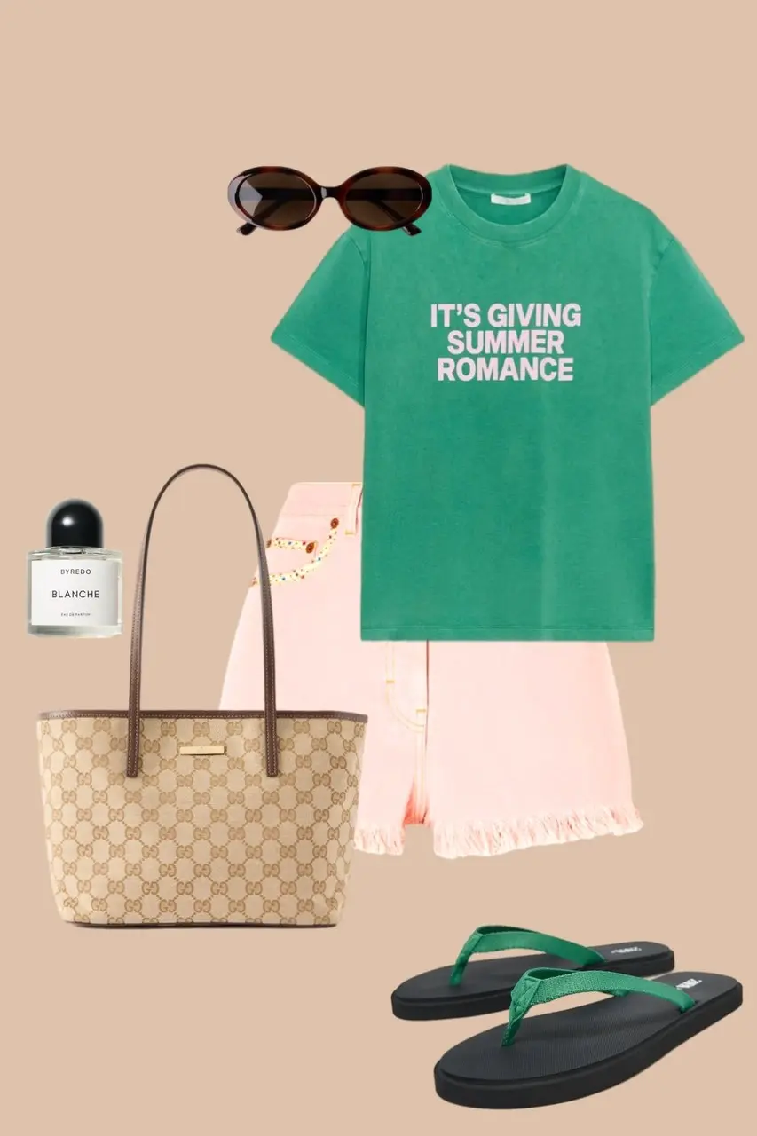 Mint green graphic tee pink shorts monogram tote bag black flip flops oval sunglasses casual dopamine outfit 4