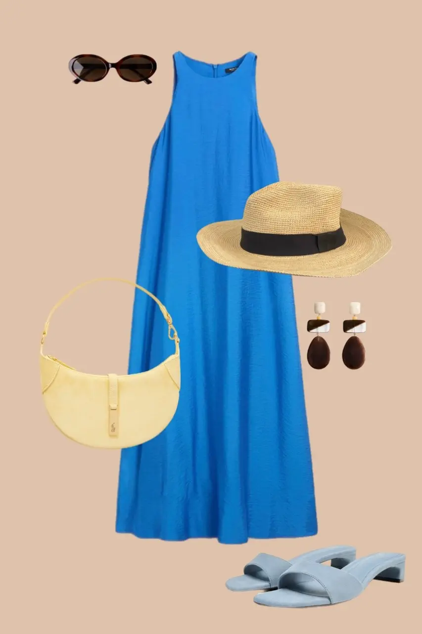 Electric blue sleeveless maxi dress straw panama hat yellow crescent bag drop earrings blue slide sandals dopamine outfit 5