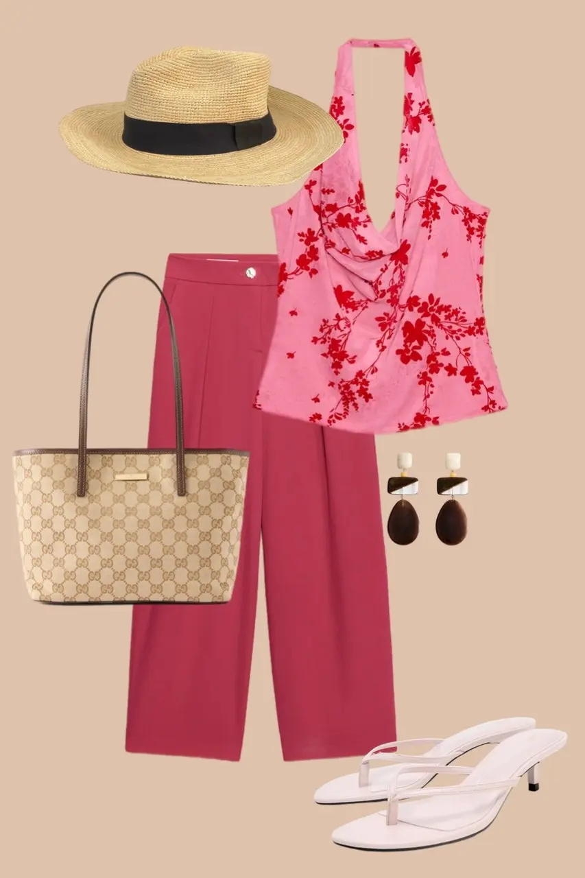 Pink floral halter top pink wide leg trousers straw panama hat monogram tote bag white slide sandals dopamine outfit 6