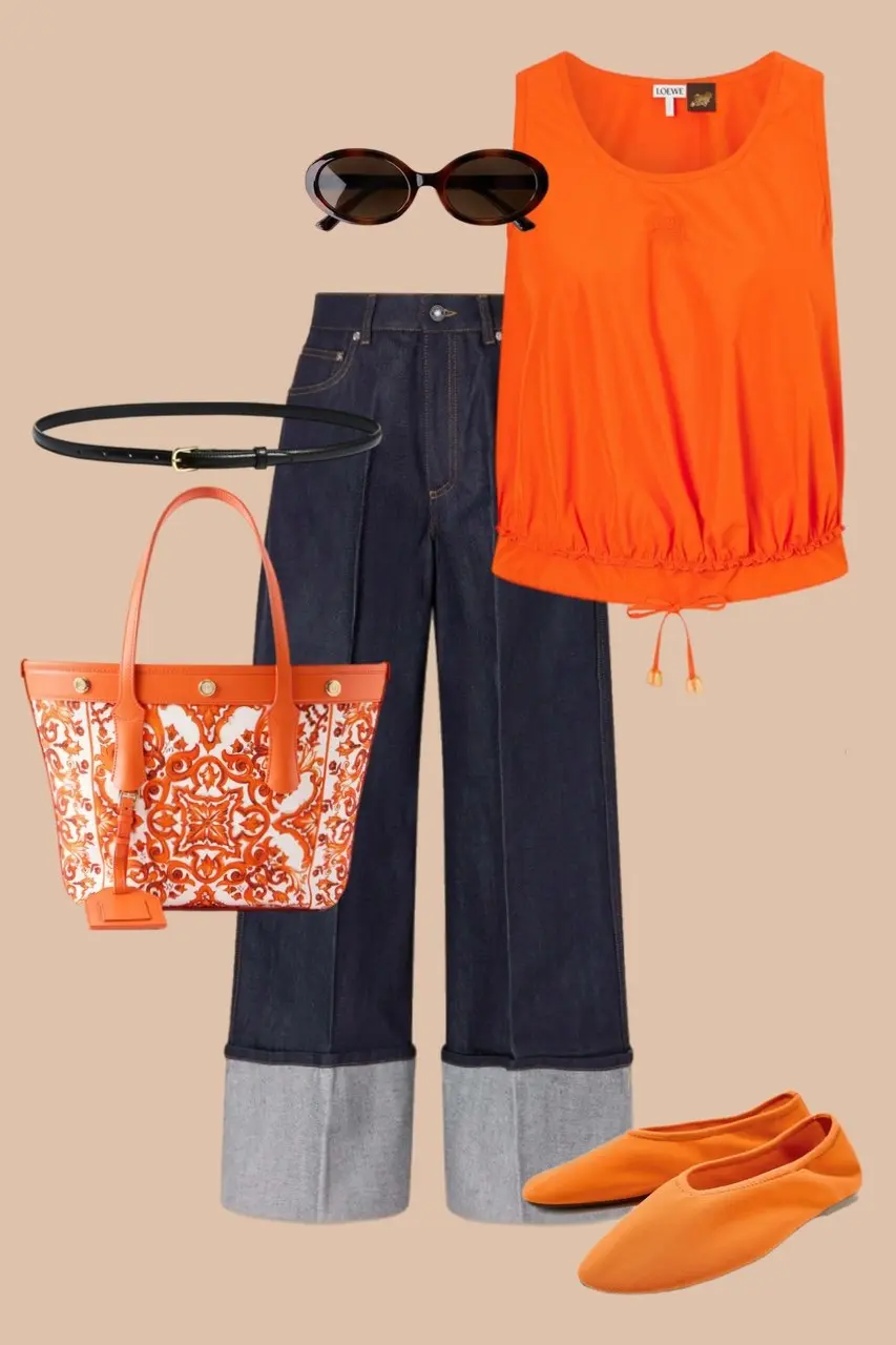 Orange sleeveless blouse dark wide leg jeans orange printed tote bag orange ballet flats oval sunglasses dopamine outfit 7