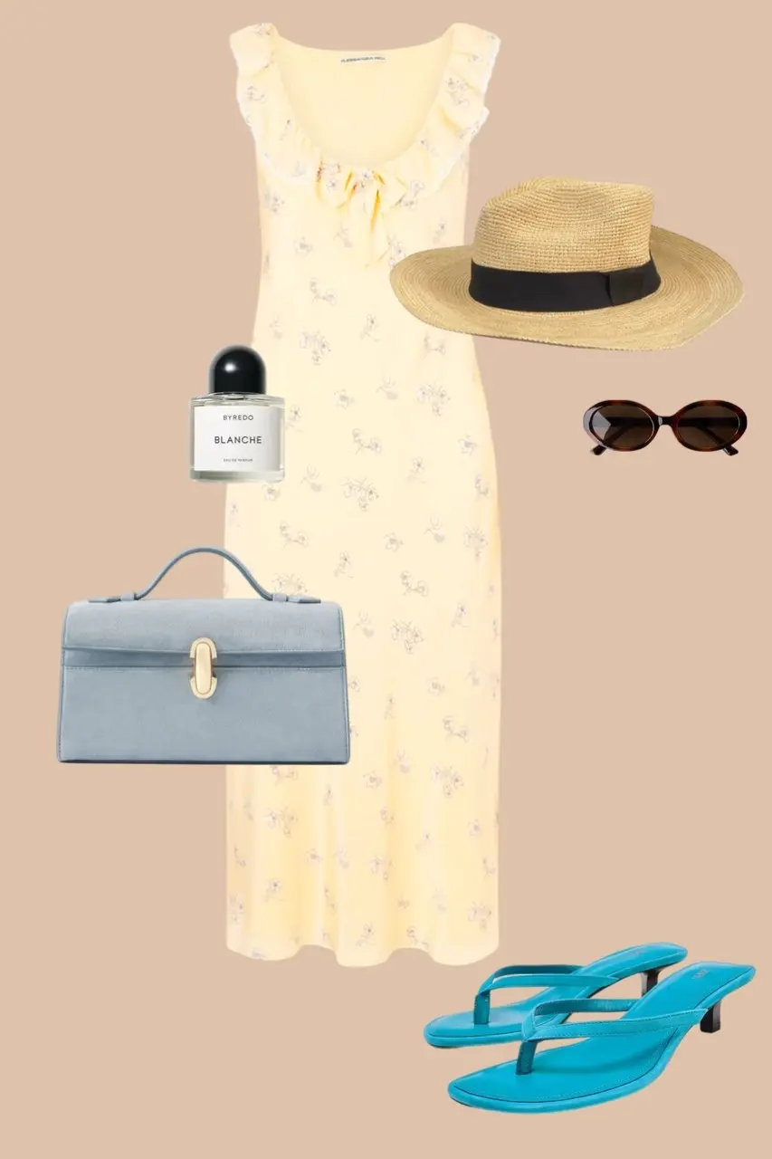 Butter yellow floral midi dress straw panama hat blue structured handbag blue kitten heel sandals dopamine outfit 8