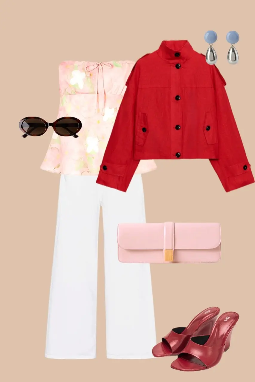 Red cropped military jacket white wide leg trousers pink clutch bag pink slide sandals blue drop earrings dopamine outfit 9