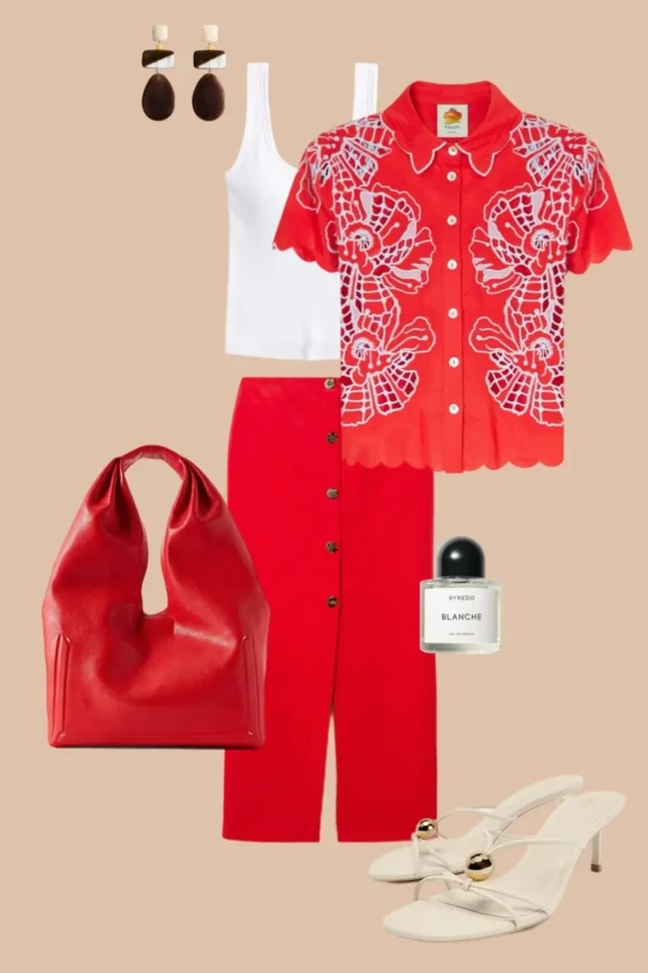 Red embroidered short sleeve shirt red button front skirt white tank top red leather handbag white slide sandals dopamine outfit 10