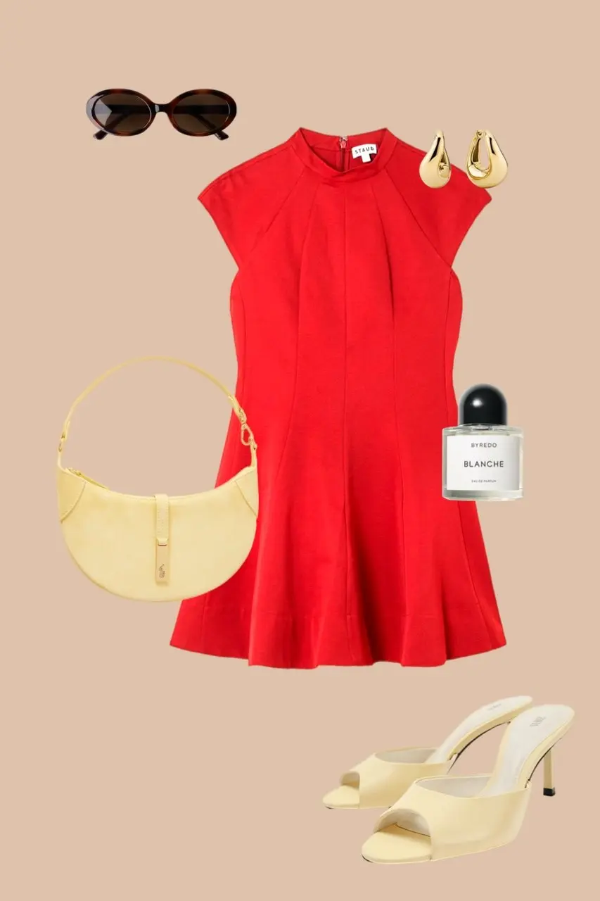 Cherry red cap sleeve fit and flare dress yellow crescent bag gold hoop earrings yellow sandals oval sunglasses dopamine outfit 11