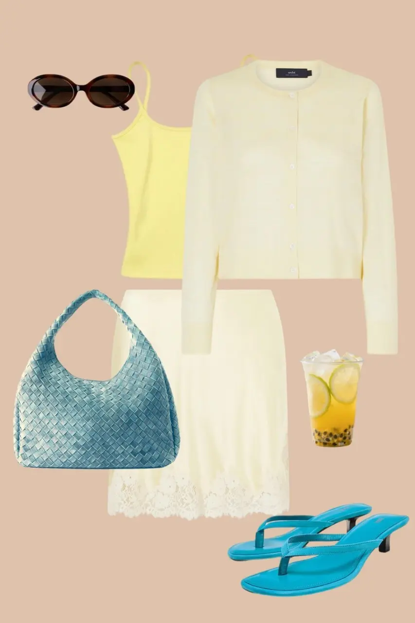 Cream cardigan yellow camisole white lace mini skirt blue woven hobo bag blue kitten heel sandals dopamine outfit 12