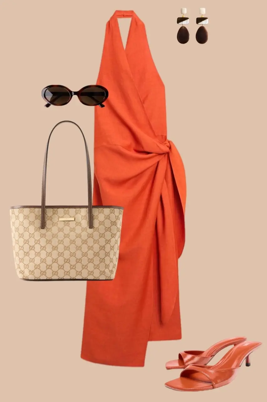 Orange wrap halter midi dress monogram canvas tote bag orange slide sandals brown drop earrings oval sunglasses dopamine outfit 13