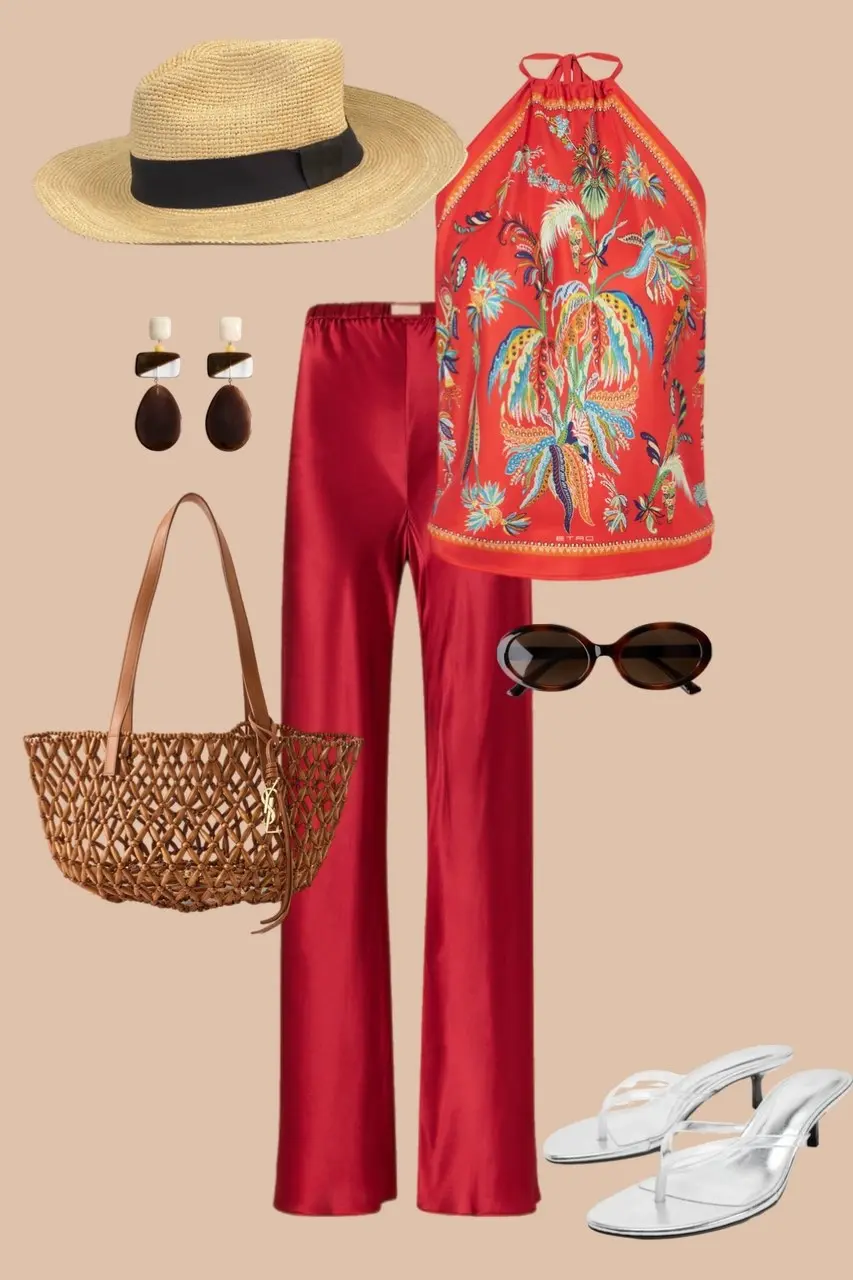 Red tropical bird print halter top red wide leg trousers brown woven tote bag white slide sandals straw panama hat dopamine outfit 14