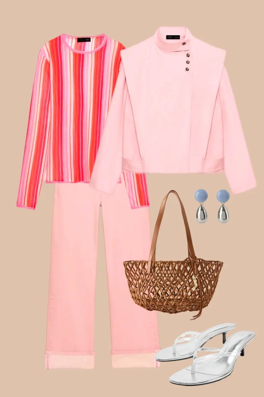 Pink multi striped sweater pink blazer pink wide leg trousers brown woven tote bag white slide sandals blue drop earrings dopamine outfit 15