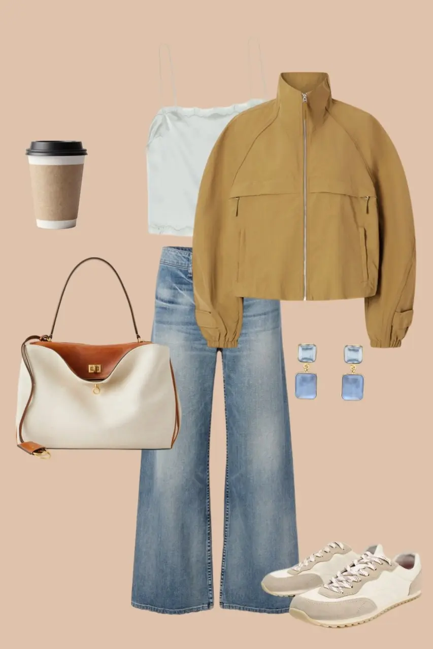 Light wash wide leg jeans with beige oversized blazer white ribbed top canvas sneakers and cream tote bag casual outfit 1