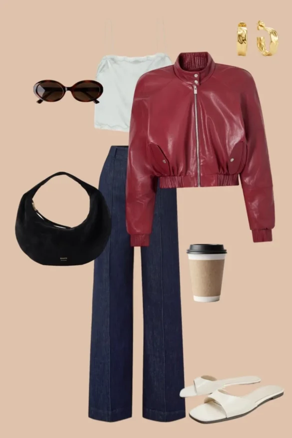 Dark wash wide leg jeans with burgundy leather bomber jacket white tee oval sunglasses black hobo bag white sandals edgy outfit 2