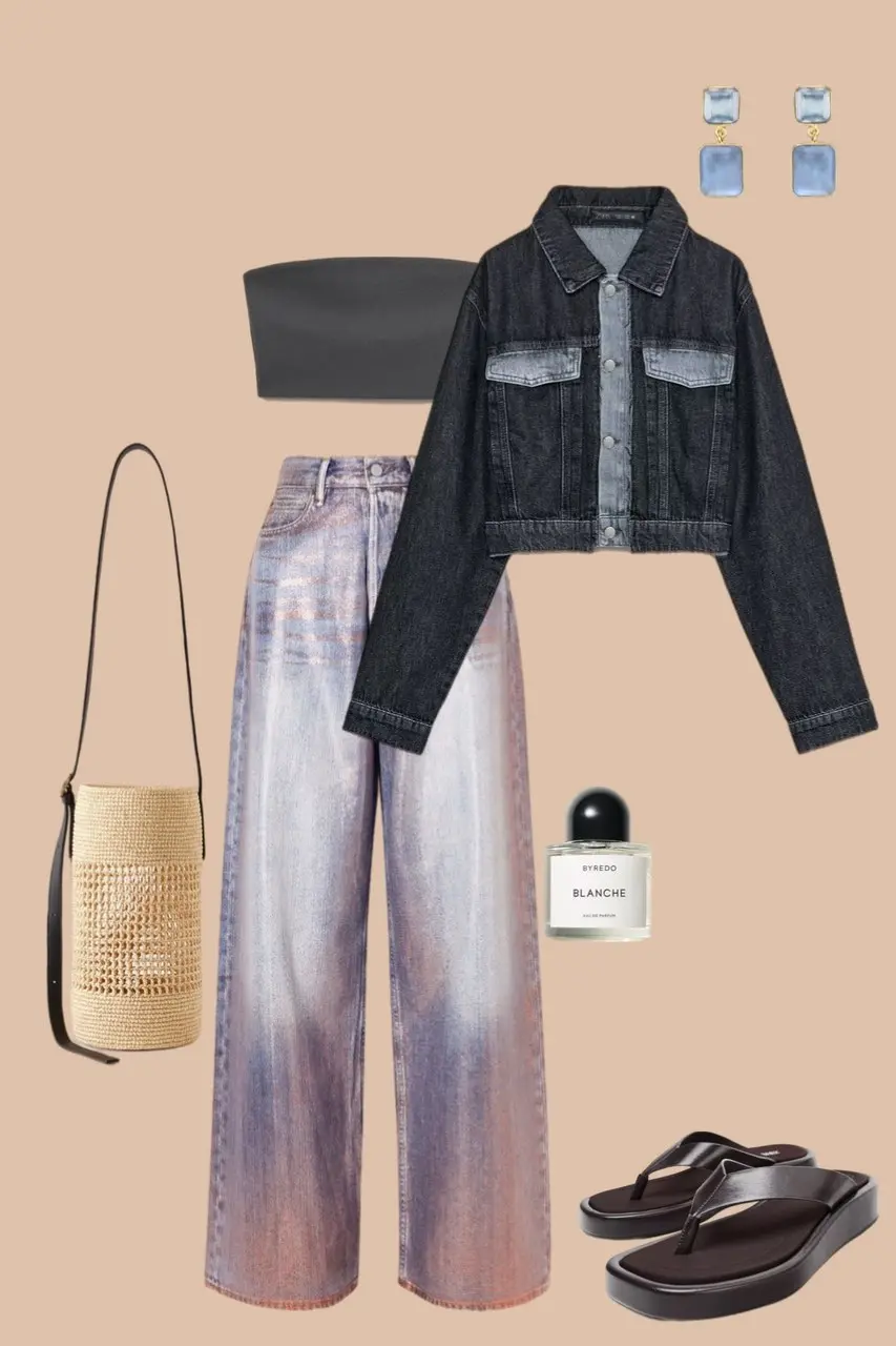 Acid wash wide leg jeans with cropped dark denim jacket woven bucket bag blue drop earrings black platform sandals denim on denim outfit 3