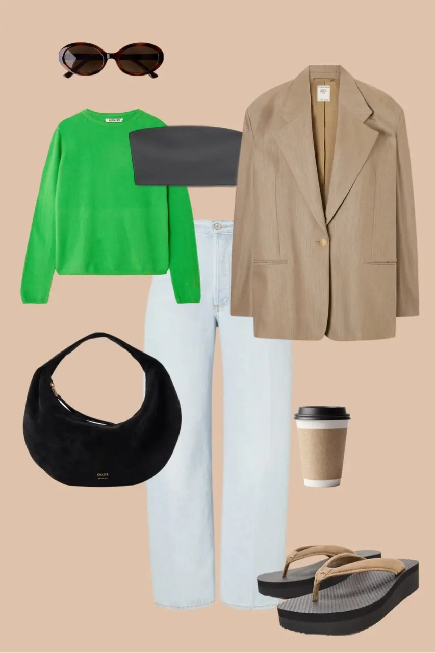 Light wash wide leg jeans with bright green sweater beige oversized blazer oval sunglasses black hobo bag platform sandals color blocking outfit 4